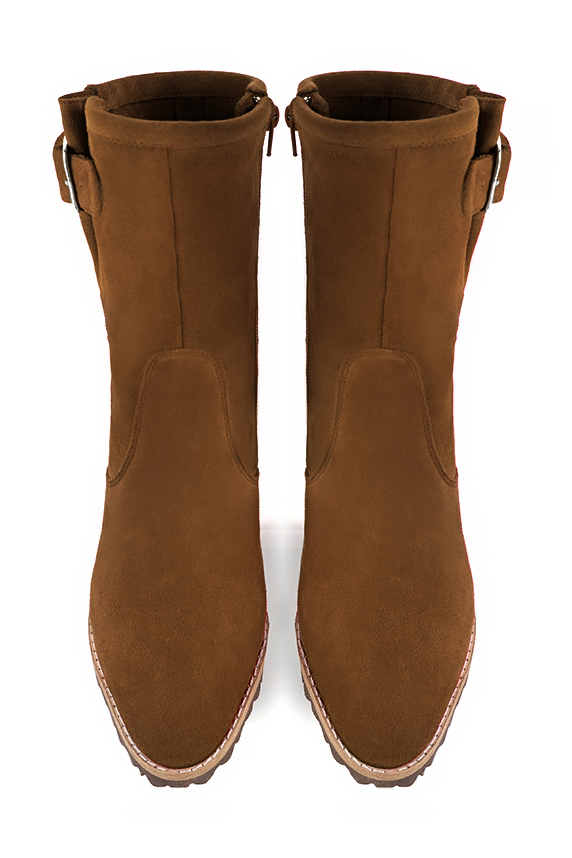 Caramel brown women's ankle boots with buckles on the sides. Round toe. Medium block heels. Top view - Florence KOOIJMAN
